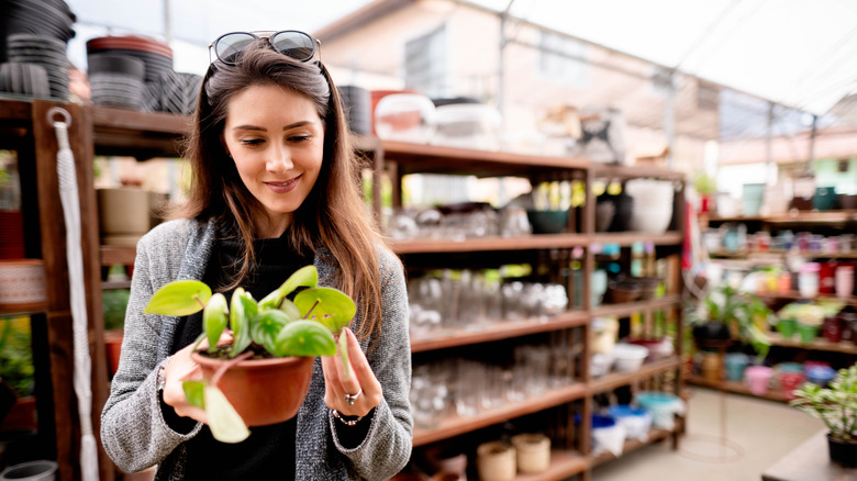 Woman inspecting a plant at a garden center