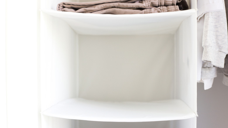 hanging fabric shelf with clothes on one level, and an empty spot below, hanging beside other clothing